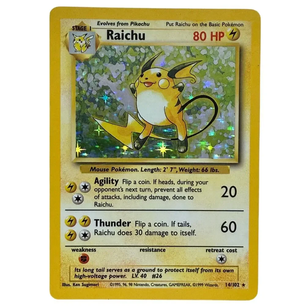 Pokémon TCG Raichu 14/102 Base Set Unlimited 1999 Holo Faoil Rare Card MP-LP